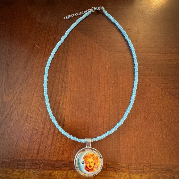 Moon Goddess & Blue Moon Cabochon Silver tone Pendant on Blue Beaded Necklace - Picture 4 of 7